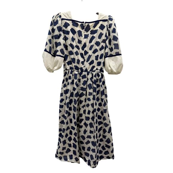 Vtg Richard Warren Blue White Splotch Print Puff Sleeve Midi Dress M Coquette - Picture 2 of 7